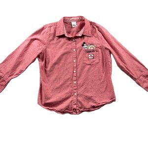 Disney Women SS Mickey Chambray Embroidered Button Down Shirt Red Large H201